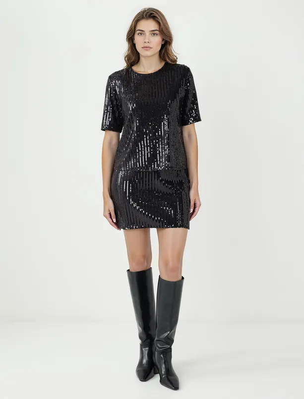 Bayan  Rahat Kesim Normal Bel Payetli Örme Mini Etek