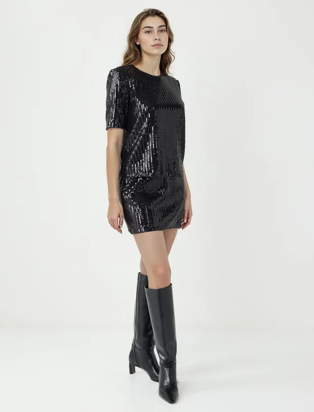 Bayan Siyah Rahat Kesim Normal Bel Payetli Örme Mini Etek