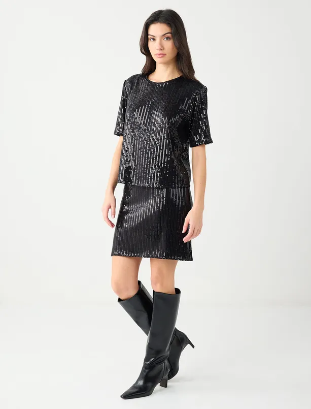 Bayan Siyah Rahat Kesim Normal Bel Payetli Örme Mini Etek