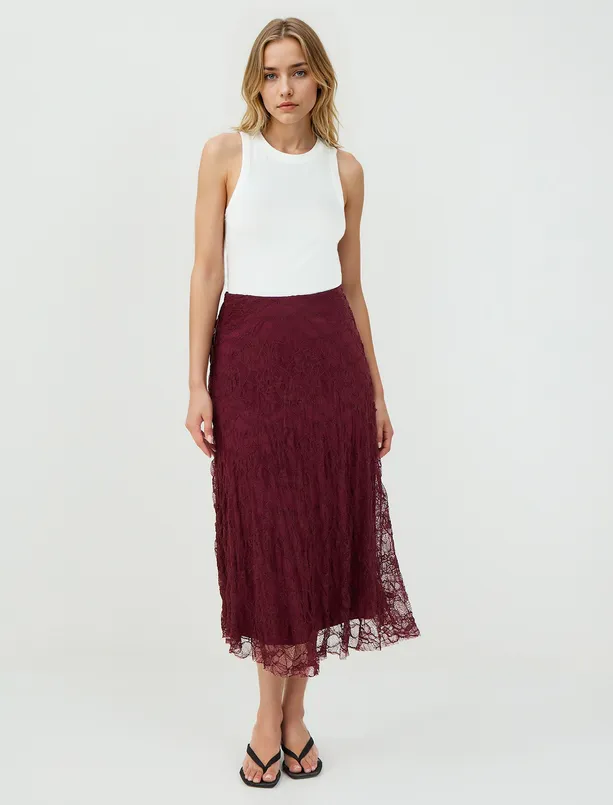 Women  High Waist Lace Detailed Knitted Midi Skirt