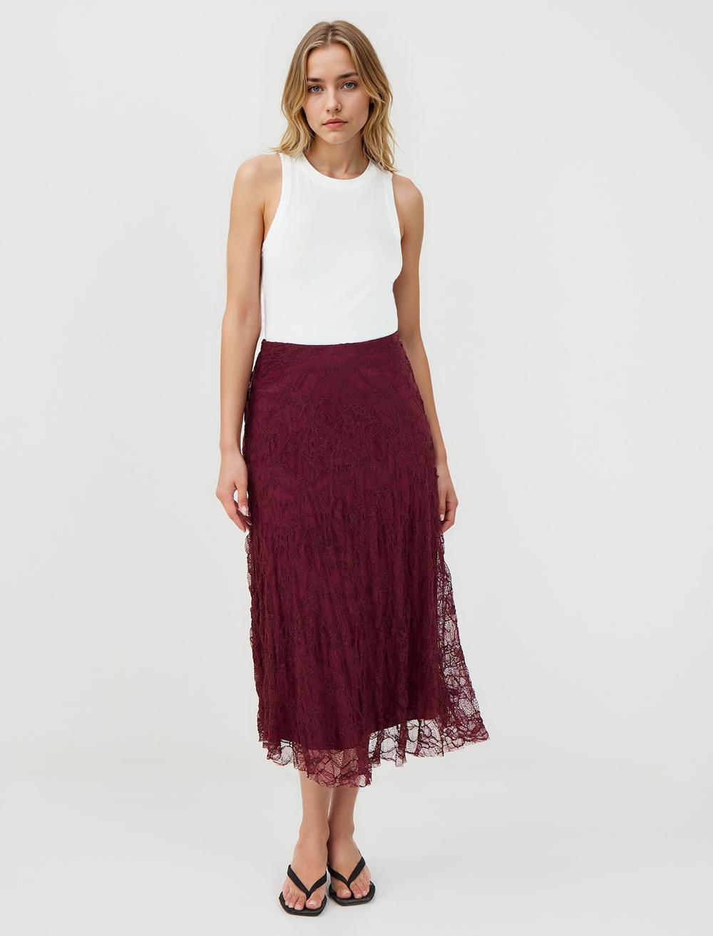 Yüksek Bel Dantel Detaylı Örme Midi Etek
