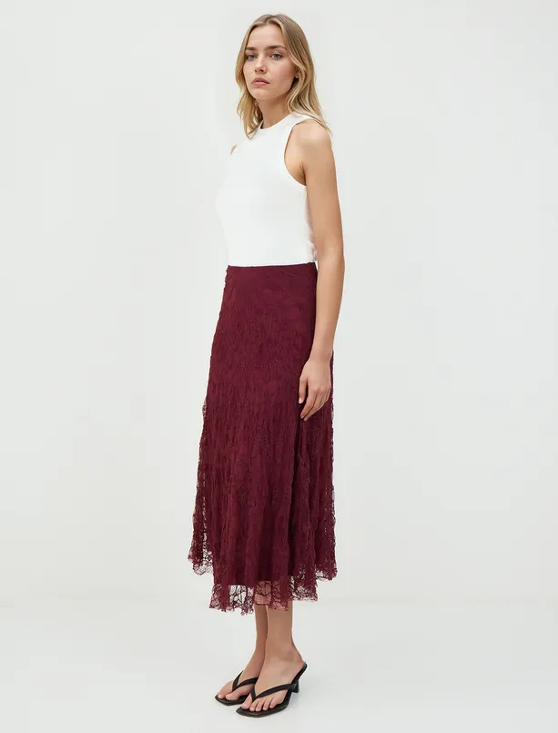 Women Claret Red High Waist Lace Detailed Knitted Midi Skirt