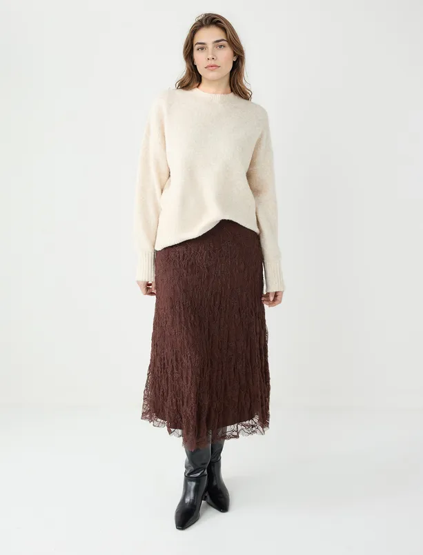 Bayan  Yüksek Bel Dantel Detaylı Örme Midi Etek
