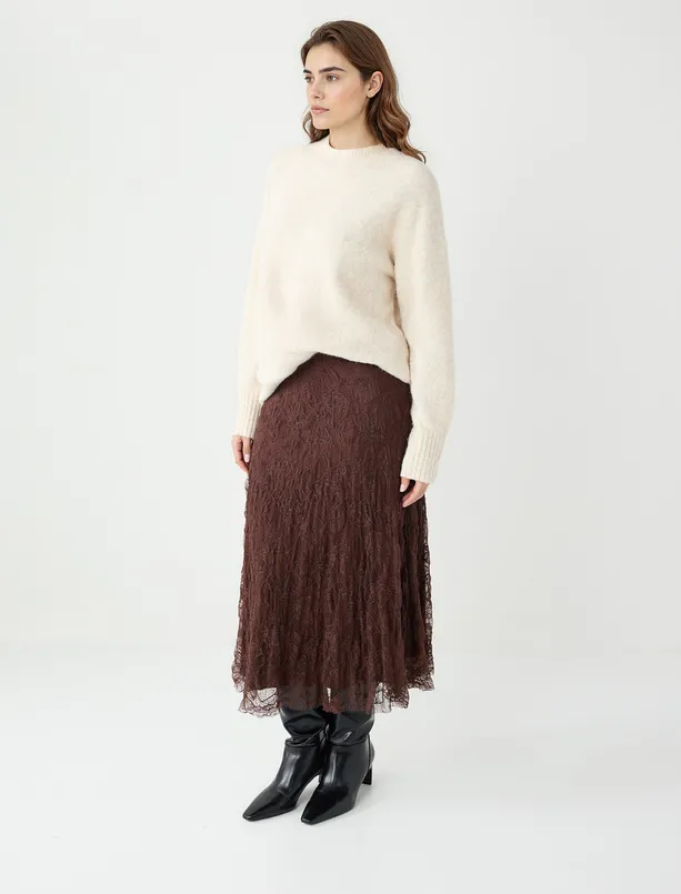 Bayan Kahverengi Yüksek Bel Dantel Detaylı Örme Midi Etek