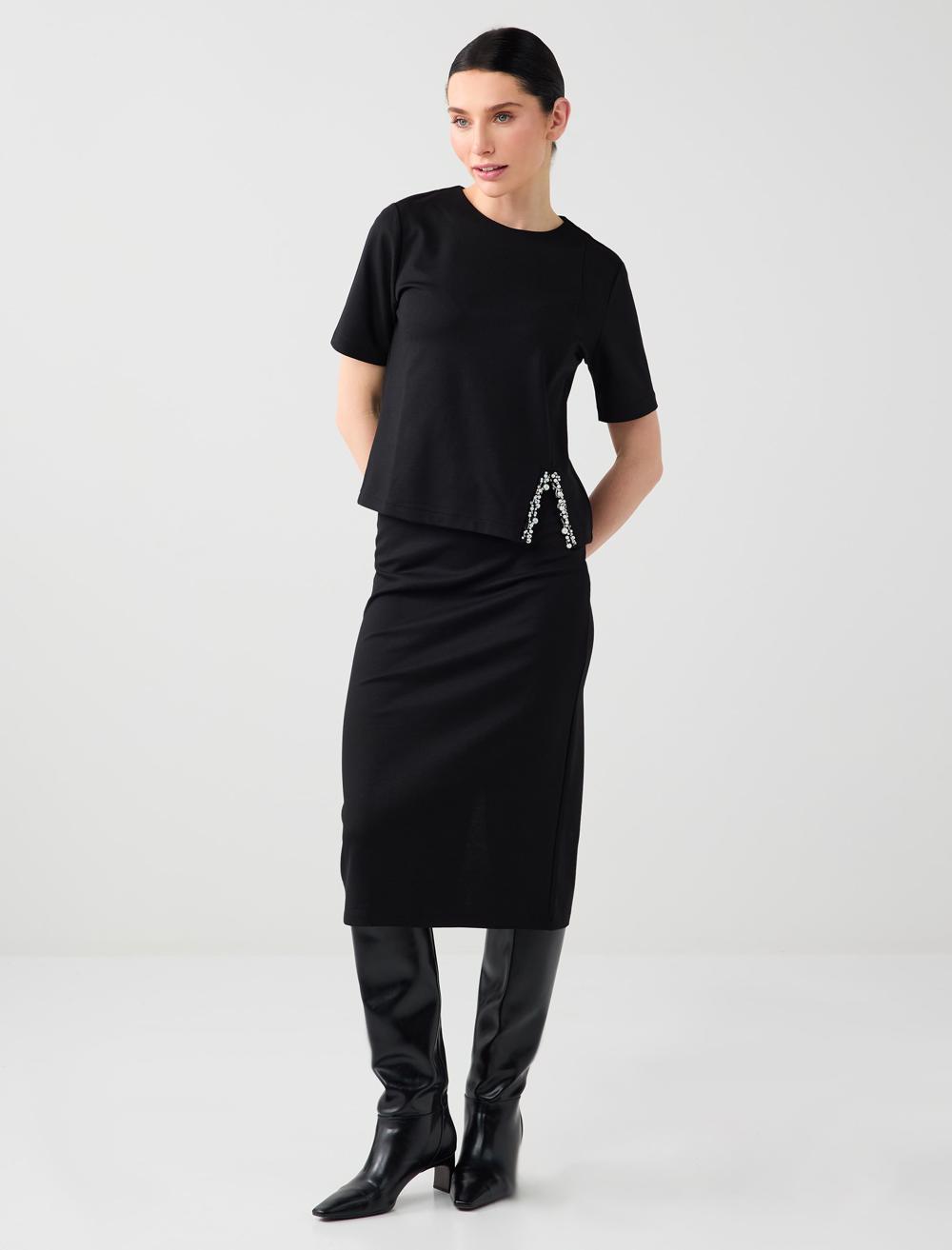 Düz Kesim Normal Bel Yırtmaç Detaylı Örme Midi Etek