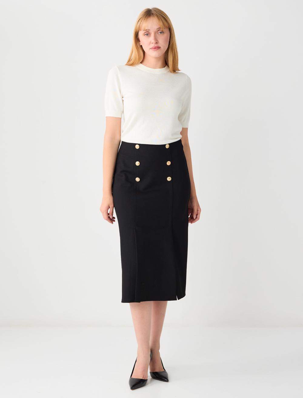 Normal Bel Düğme Detaylı Örme Midi Etek