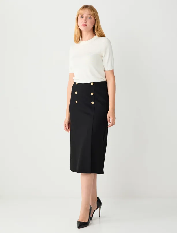 Bayan Siyah Normal Bel Düğme Detaylı Örme Midi Etek