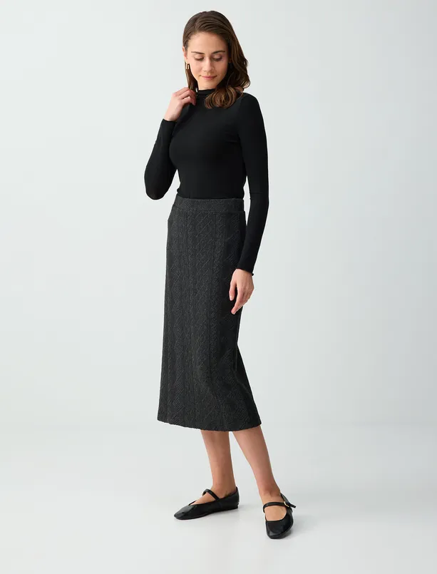 Bayan Antrasit Melanj Yumuşak Dokulu Desenli Normal Bel Örme Midi Etek