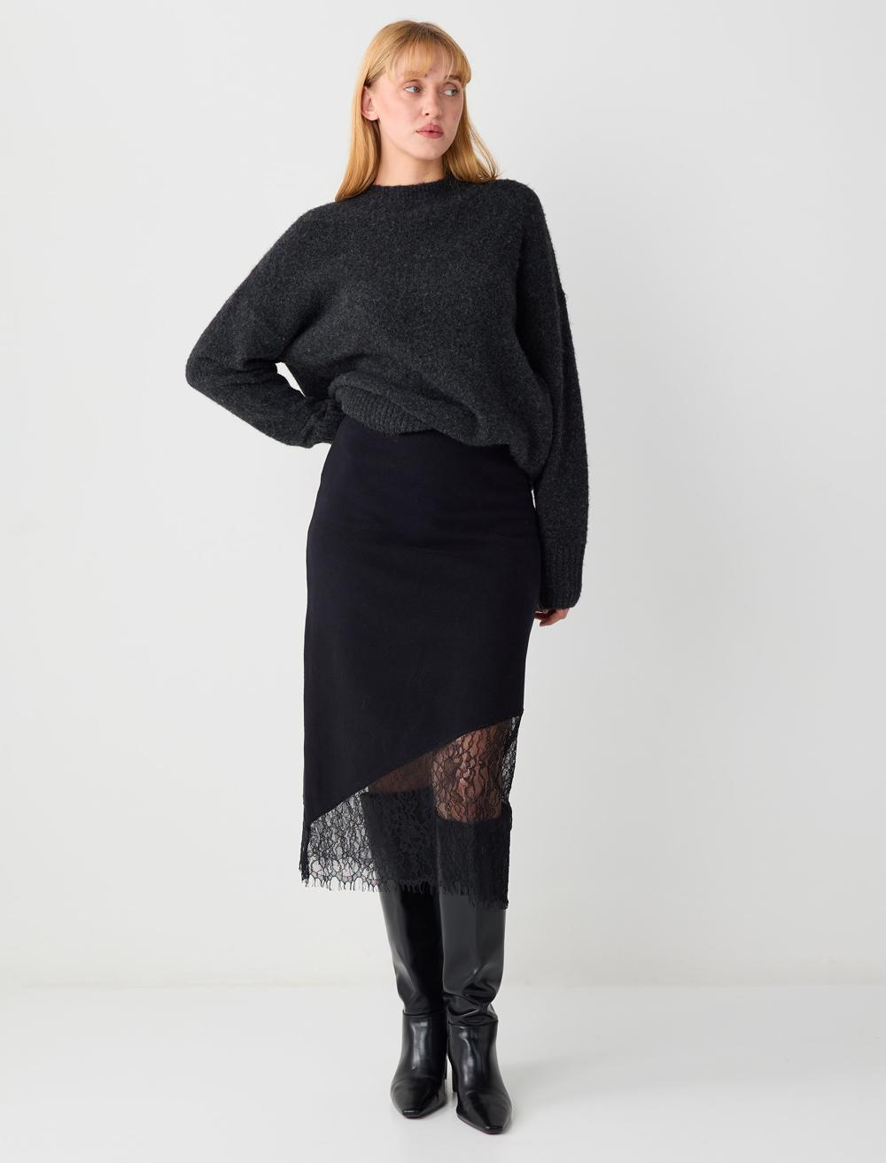 Normal Bel Yumuşak Dokulu Dantelli Midi Etek