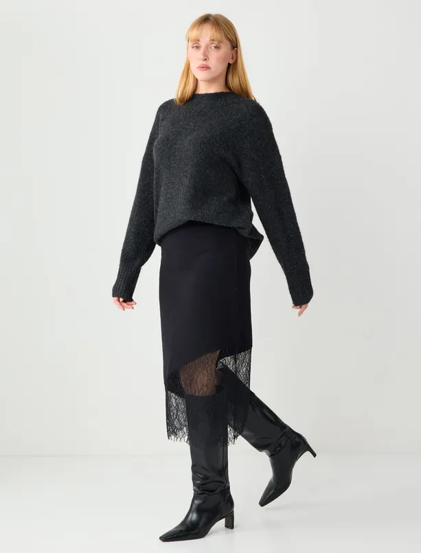 Bayan Siyah Normal Bel Yumuşak Dokulu Dantelli Midi Etek