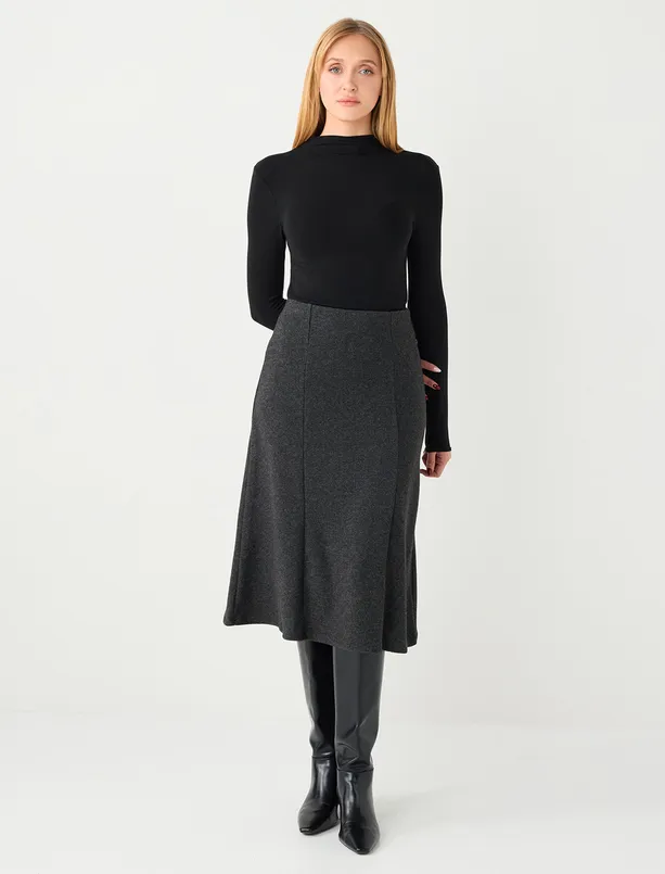 Bayan Antrasit Melanj Rahat Kesim Yumuşak Dokulu Midi Örme Etek