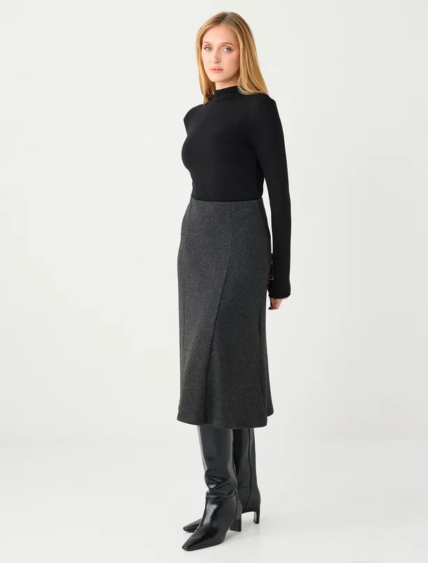 Bayan Antrasit Melanj Rahat Kesim Yumuşak Dokulu Midi Örme Etek