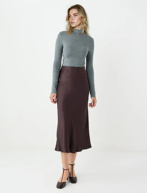 Bayan Kahverengi Dar Kesim Normal Bel Midi Saten Etek