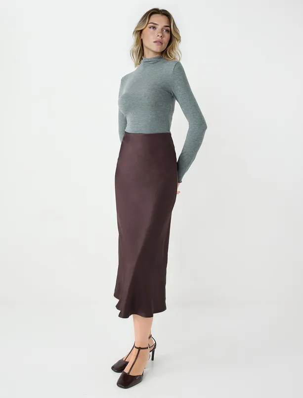 Bayan Kahverengi Dar Kesim Normal Bel Midi Saten Etek