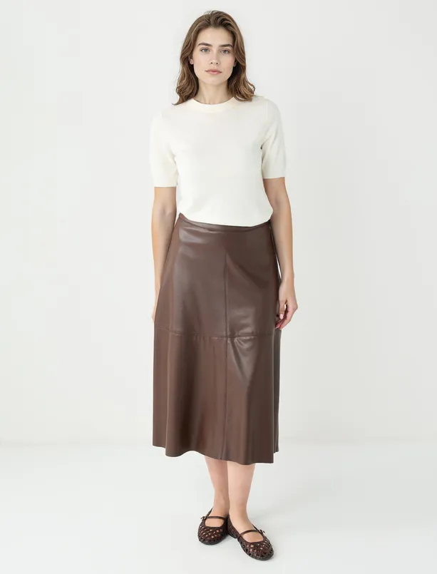 Women Brown Relaxed Fit Regular Waist Leather Look Midi Skirt
