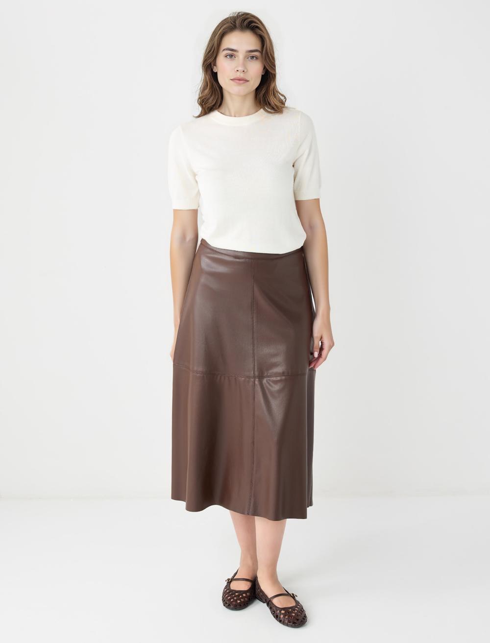Rahat Kesim Normal Bel Deri Görünümlü Midi Etek