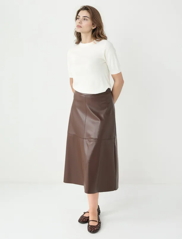 Women Brown Relaxed Fit Regular Waist Leather Look Midi Skirt