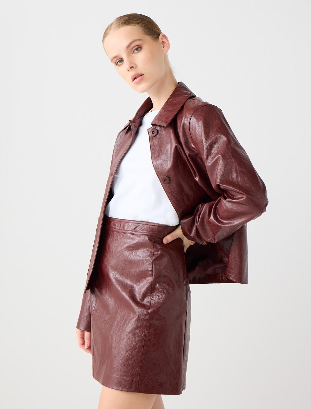 Deri Görünümlü Normal Bel Mini Etek