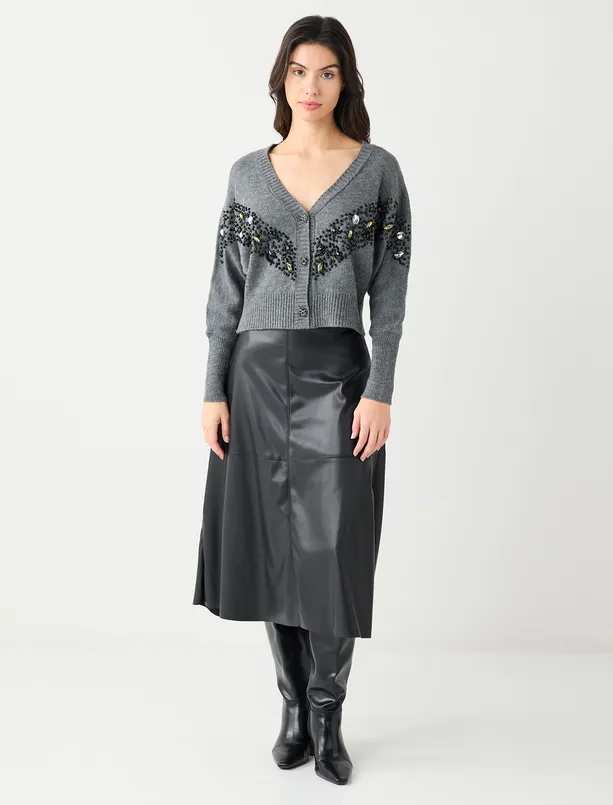 Bayan  Normal Bel Deri Görünümlü Midi Etek