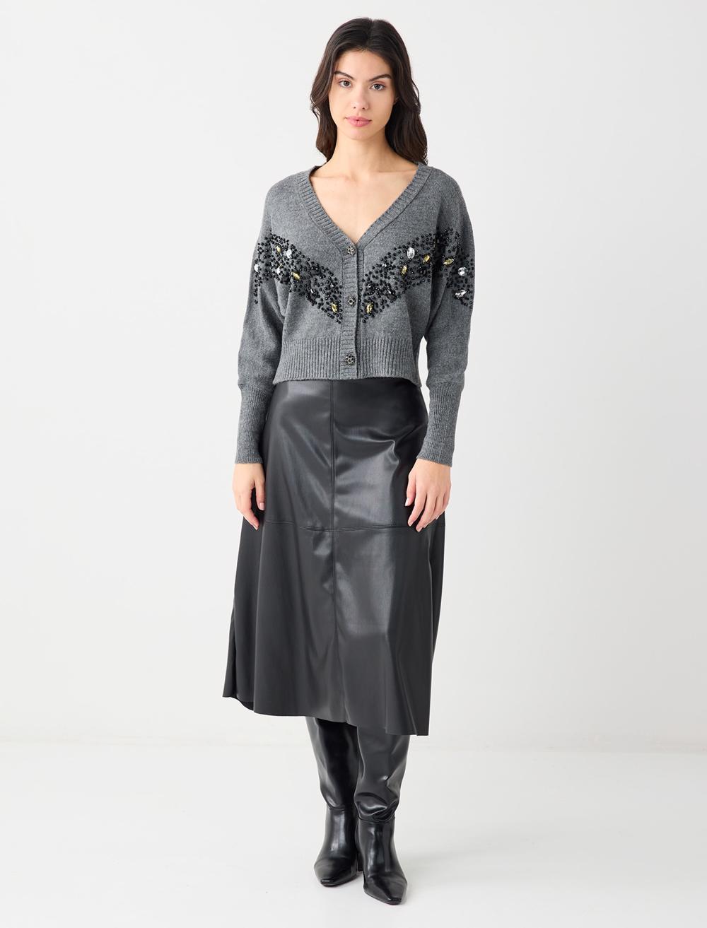 Normal Bel Deri Görünümlü Midi Etek