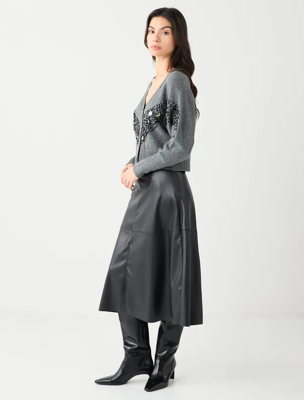 Bayan Siyah Normal Bel Deri Görünümlü Midi Etek