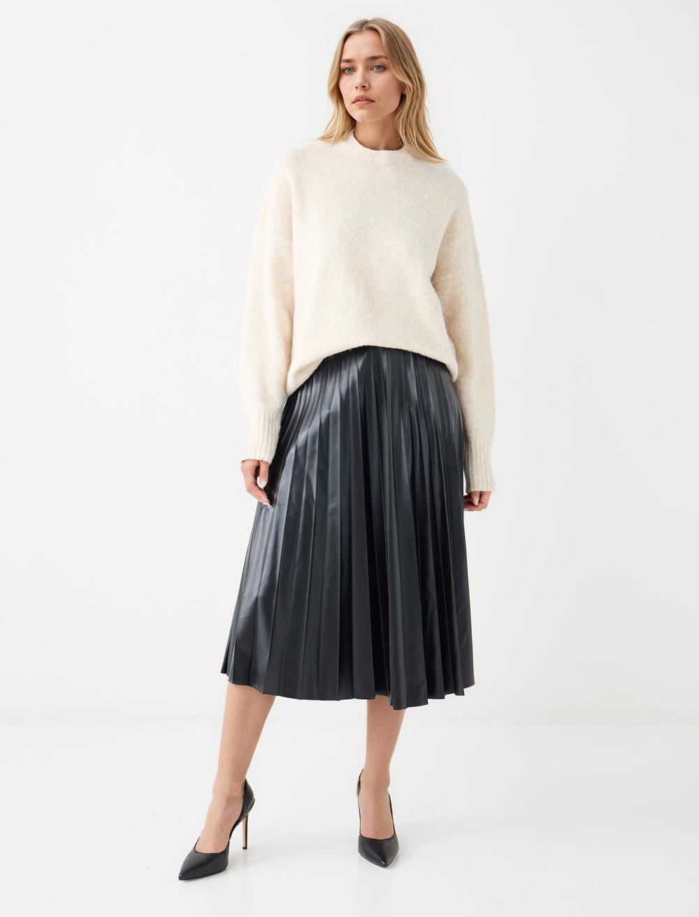 Deri Görünümlü Piliseli Normal Bel Midi Etek