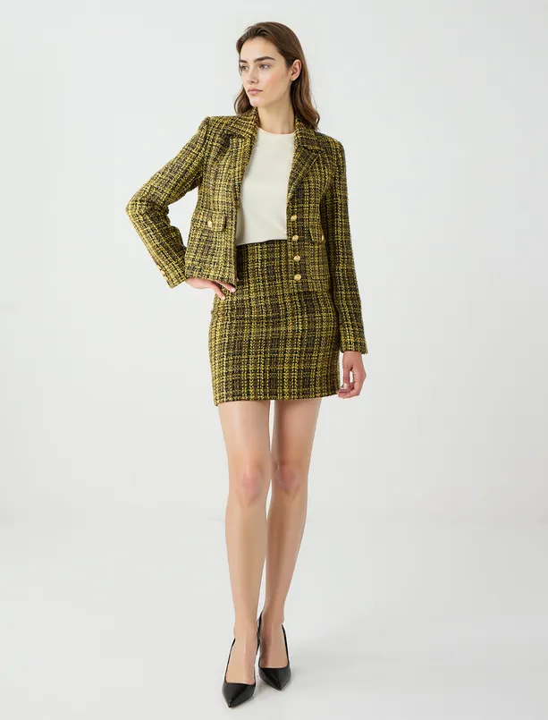 Women Haki Plaid Short Tweed Jacket