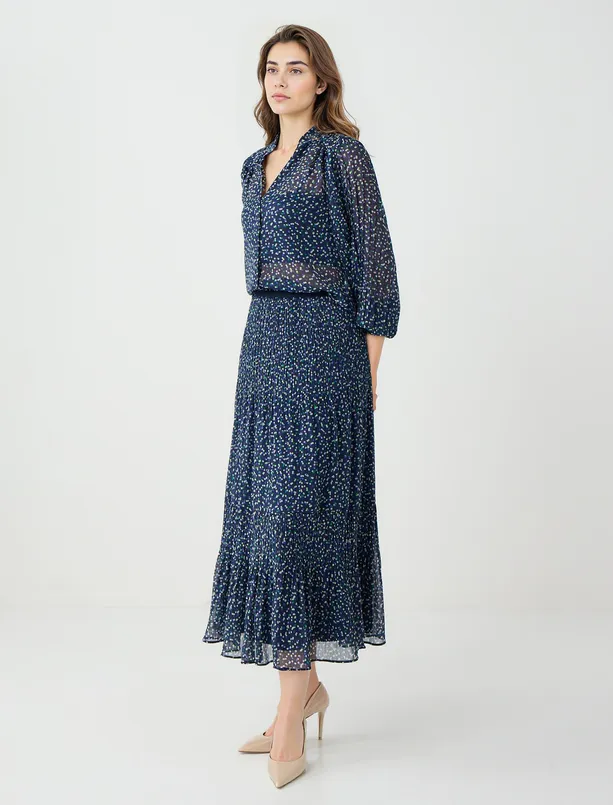 Bayan Lacivert Yüksek Bel Puantiyeli Uzun Etek