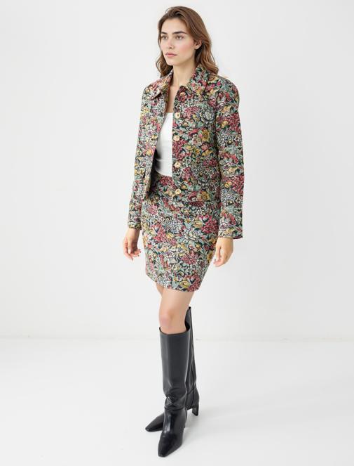 Cotton Woven Jacket with Floral Patterned Button Detail