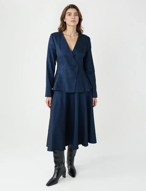 Bayan Lacivert Rahat Kesim Yüksek Bel Midi Dokuma Etek