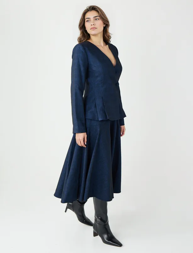 Bayan Lacivert Rahat Kesim Yüksek Bel Midi Dokuma Etek