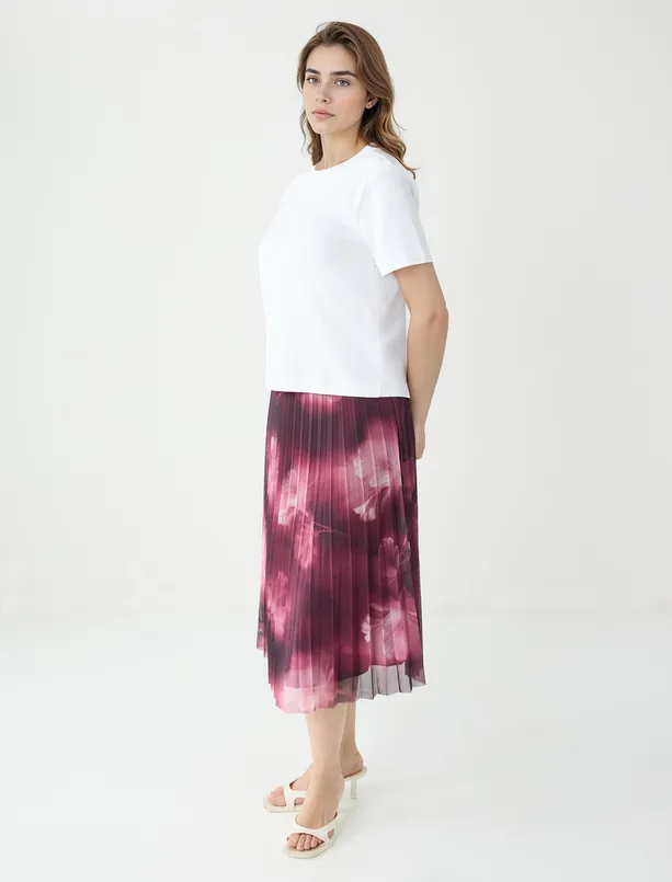 Bayan Pembe Yüksek Bel Piliseli Rahat Kesim Midi Etek