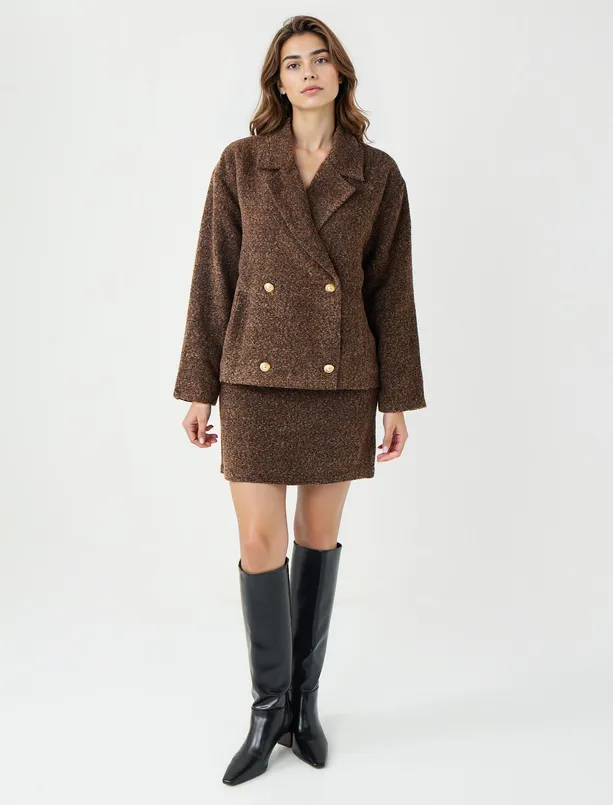 Bayan Kahverengi Dar Kesim Normal Bel Kaşe Mini Etek