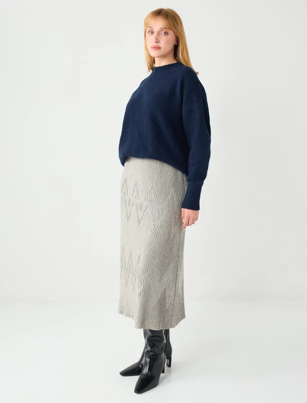 Bayan Bej Normal Bel Piliseli Yumuşak Dokulu Örme Midi Etek