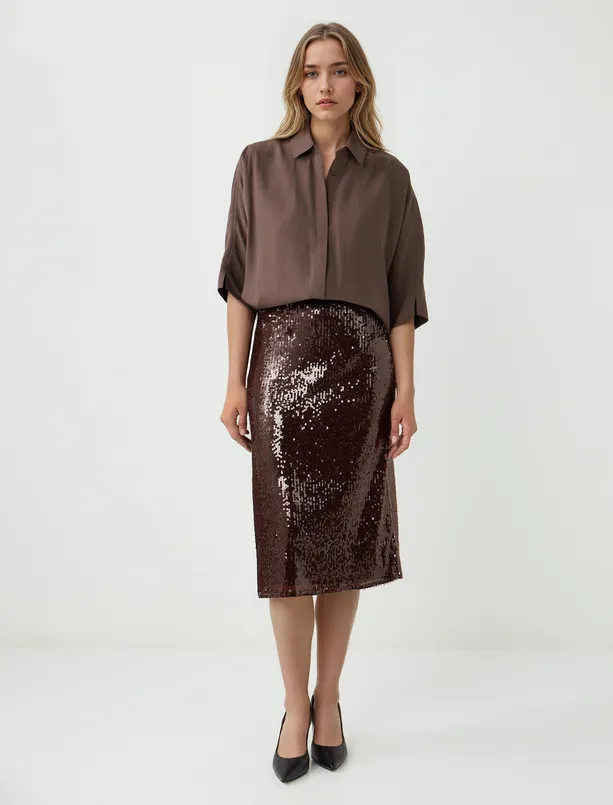 Bayan  Normal Bel Düz Kesim Payetli Örme Midi Etek