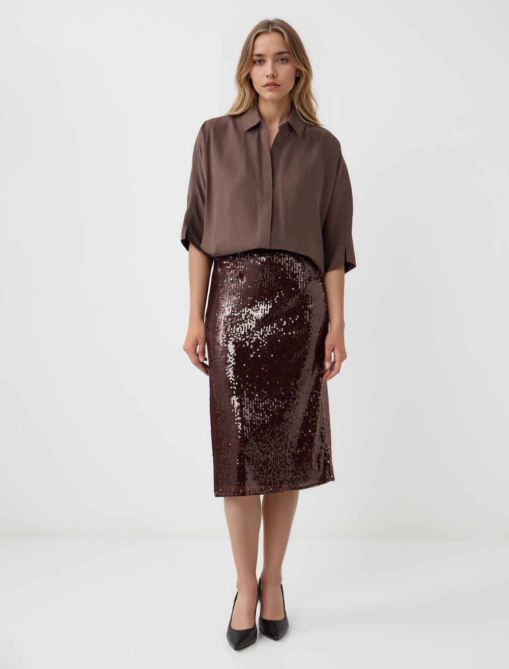 Normal Bel Düz Kesim Payetli Örme Midi Etek