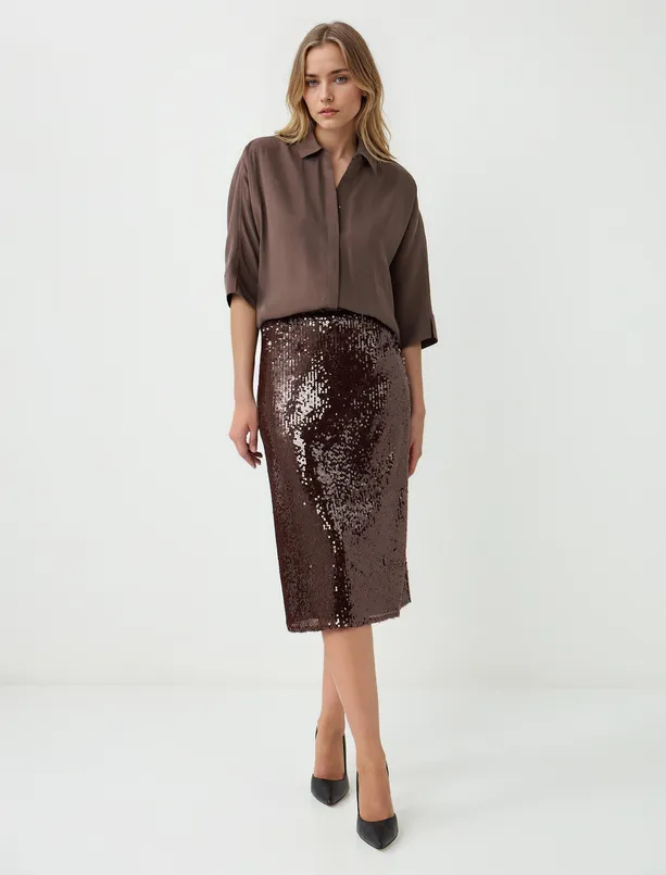 Bayan Kahverengi Normal Bel Düz Kesim Payetli Örme Midi Etek