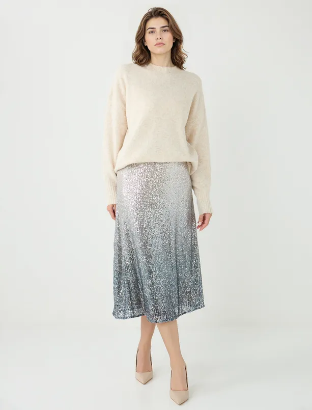 Bayan  Düz Kesim Normal Bel Payetli Midi Etek