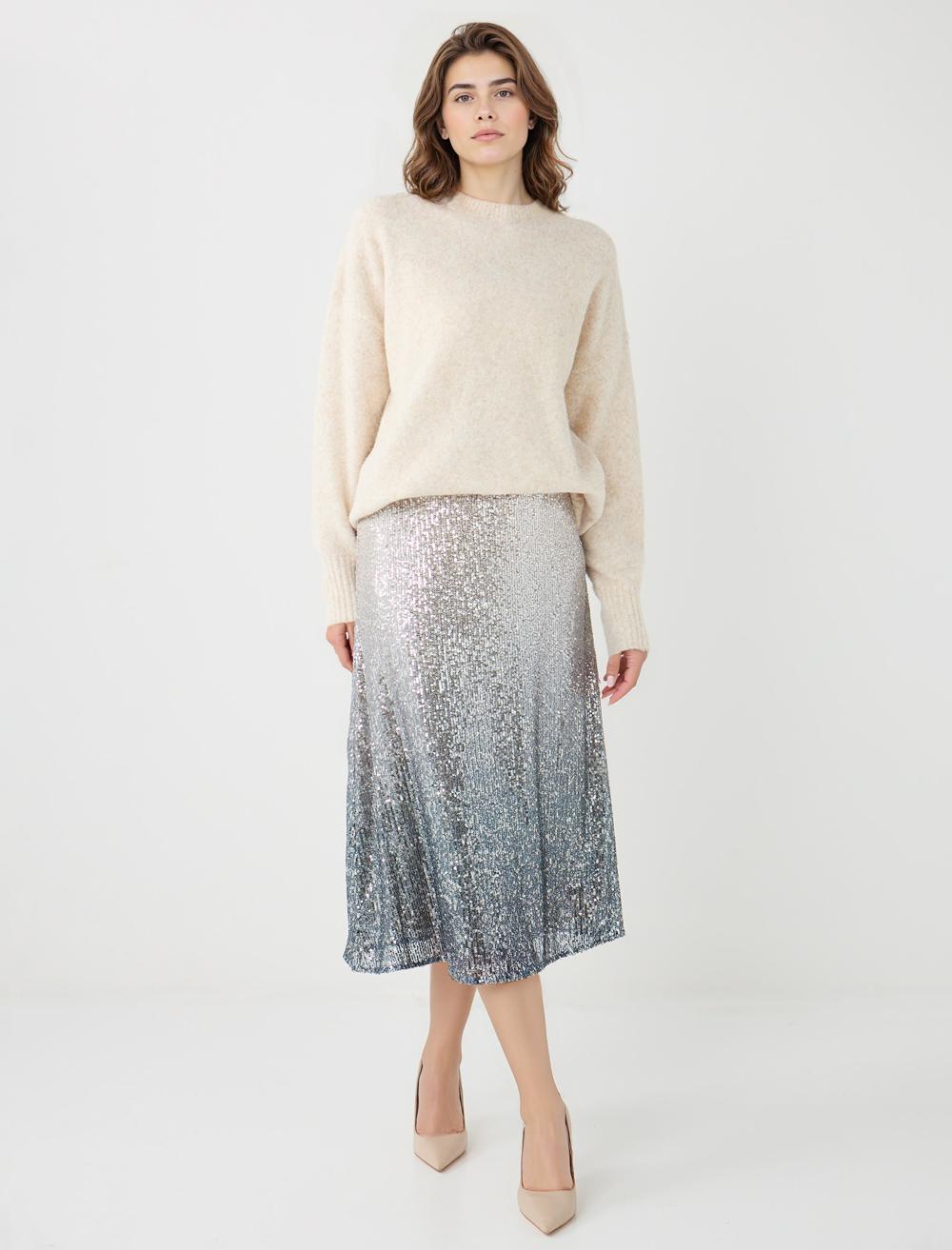 Düz Kesim Normal Bel Payetli Midi Etek