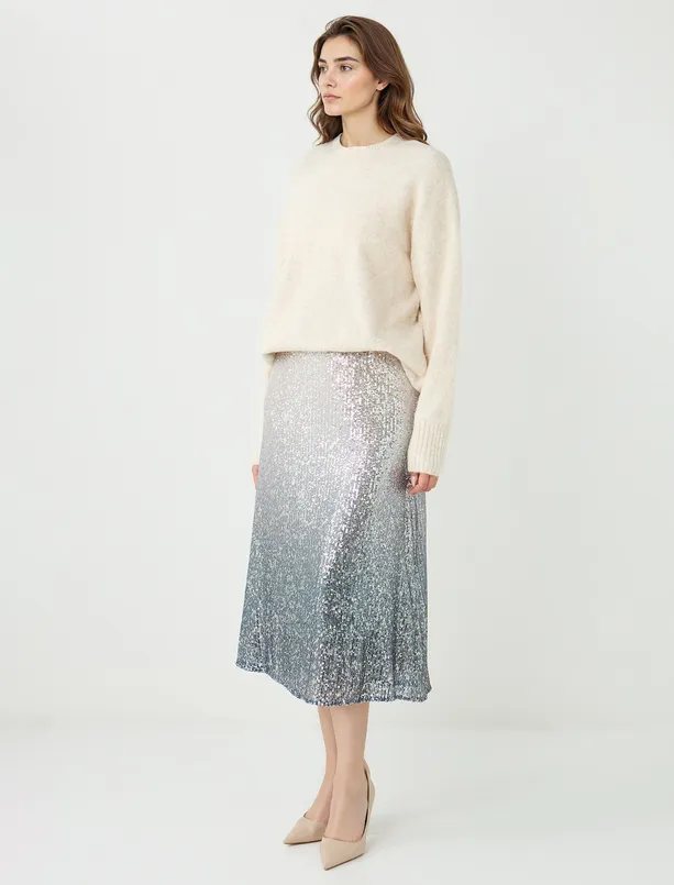 Bayan Gri Düz Kesim Normal Bel Payetli Midi Etek