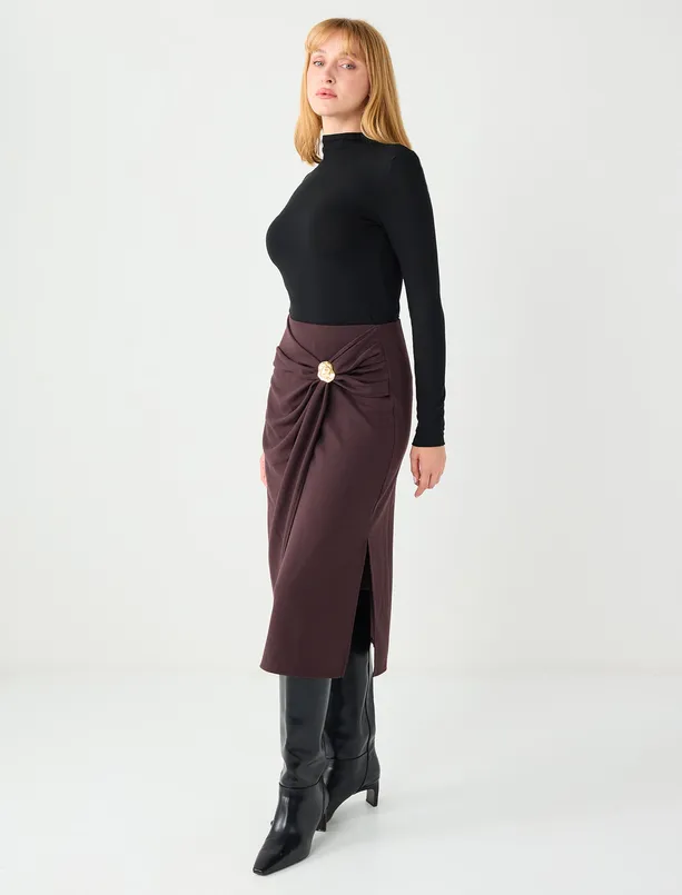 Bayan Kahverengi Normal Bel Aksesuar Detaylı Örme Midi Etek