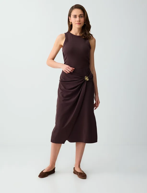 Bayan  Normal Bel Aksesuar Detaylı Örme Midi Etek