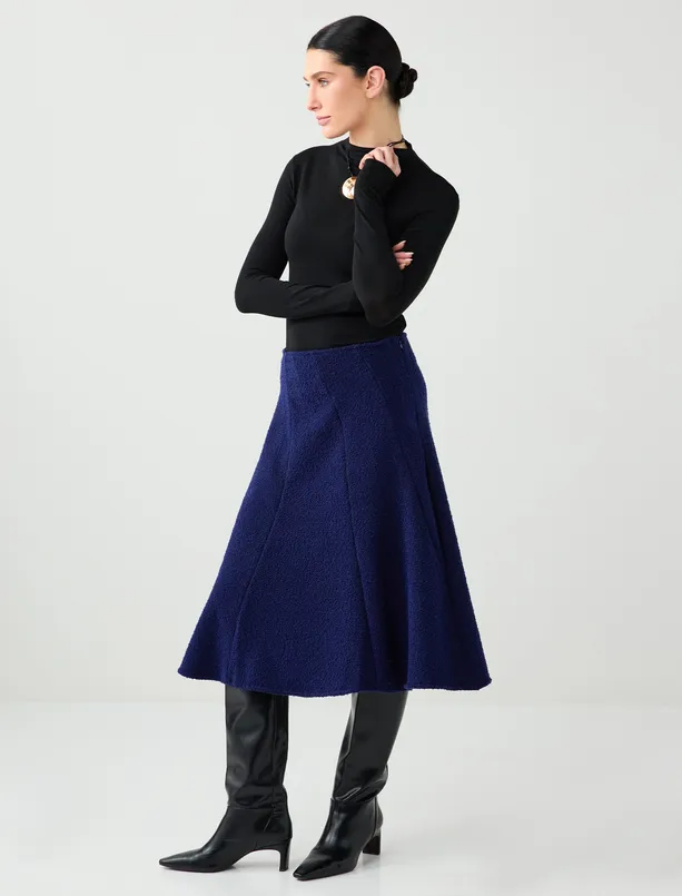 Bayan Lacivert Rahat Kesim Normal Bel Dokuma Midi Etek