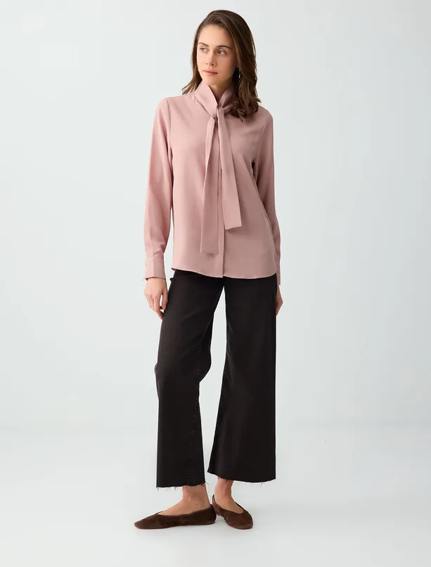 Women Pink Straight Cut Neck Tie Woven Shirt