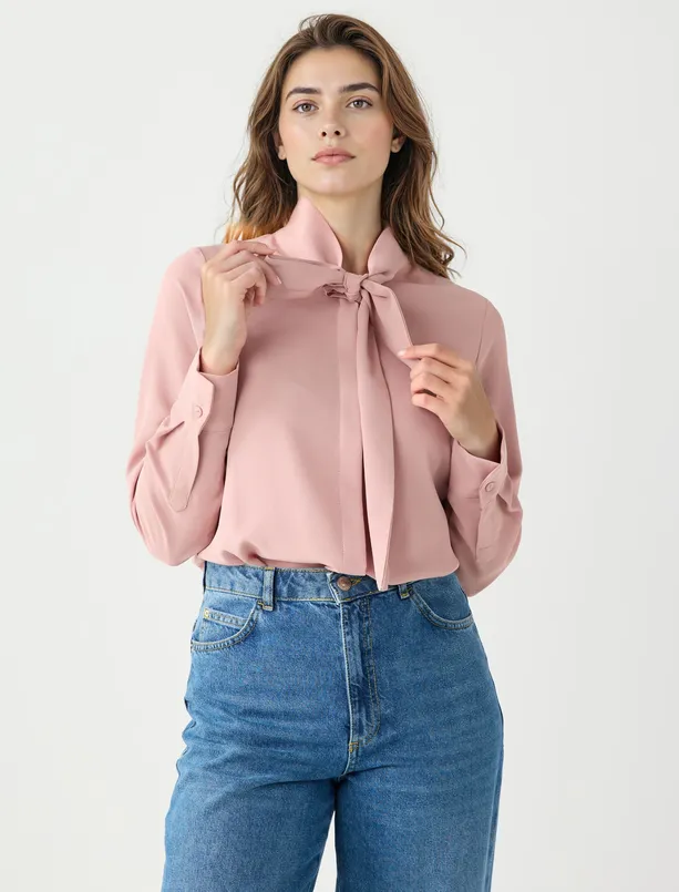 Women Pink Straight Cut Neck Tie Woven Shirt