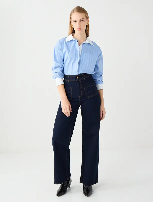 Women Blue Line Patterned Long Sleeve Woven Shirt
