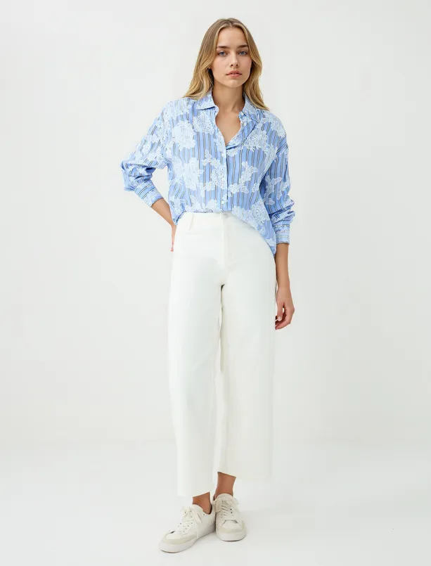 Women Blue Long Sleeve Floral Patterned Woven Shirt
