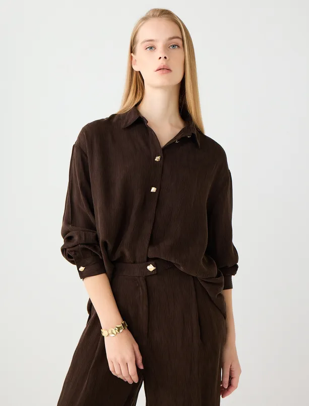 Women Brown Relaxed Fit Long Sleeve Metal Button Shirt