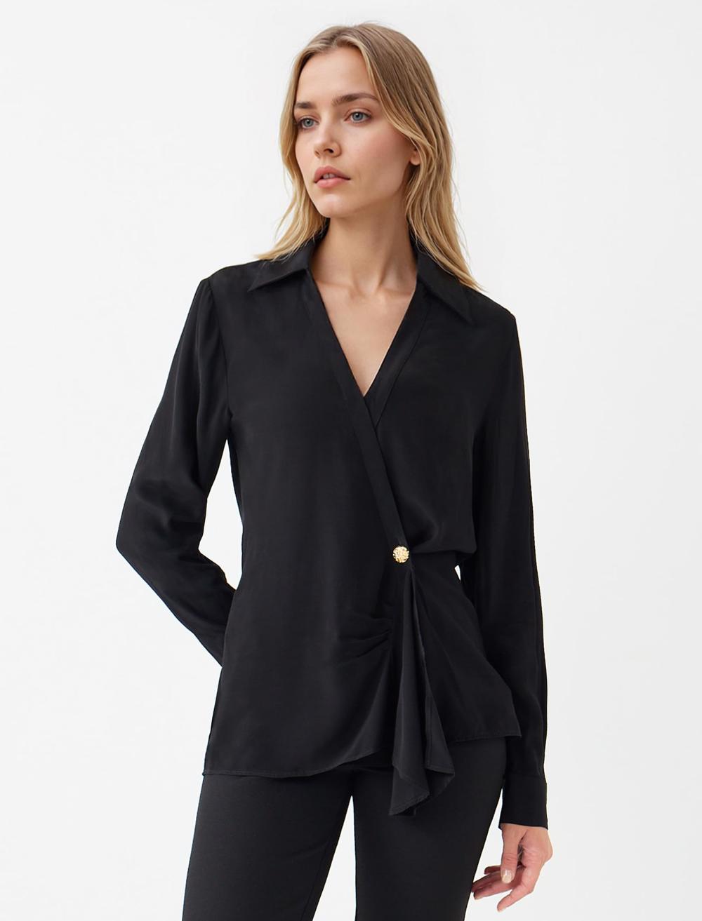 Ceket Yaka Düğme Detaylı Uzun Kollu Gömlek