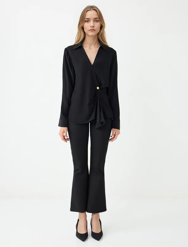 Women Black Long Sleeve Shirt with Jacket Collar Button Detail